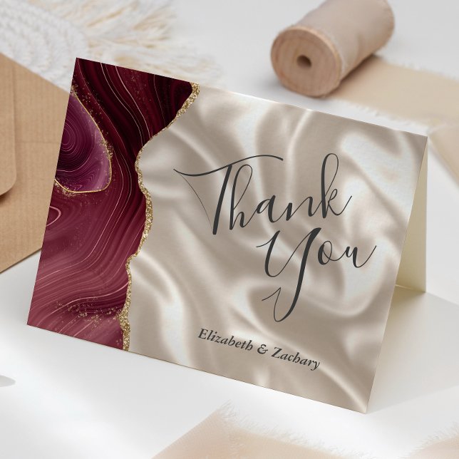 Burgundy Gold Agate Ivory Silk Wedding Thank You Card (Creator Uploaded)