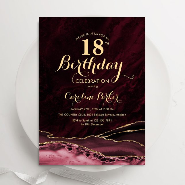 Burgundy Gold Agate Marble 18th Birthday Invitation (Creator Uploaded)