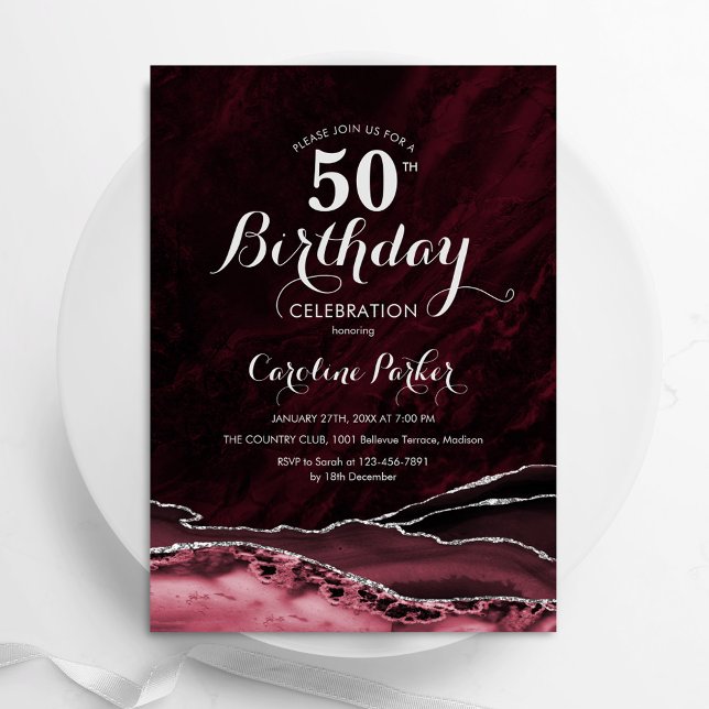 Burgundy Gold Agate Marble 50th Birthday Invitation (Creator Uploaded)