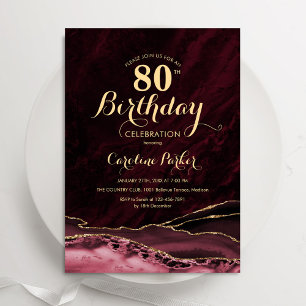Burgundy Gold Agate Marble 80th Birthday Invitation