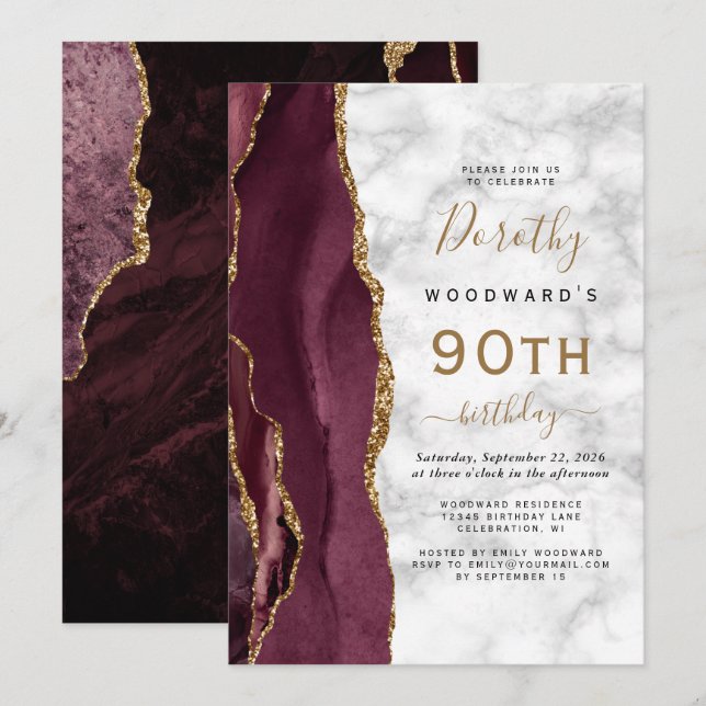 Burgundy Gold Agate Marble 90th Birthday Party Invitation (Front/Back)