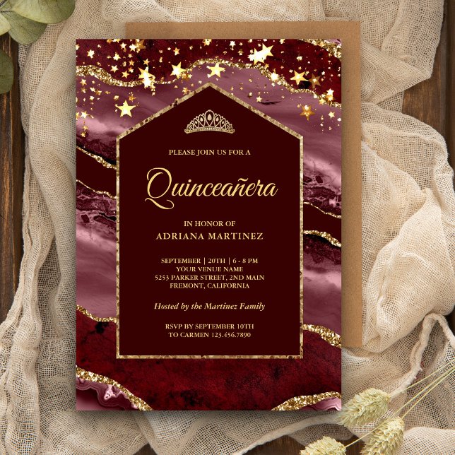 Burgundy Gold Agate Marble Arch Quinceanera Invitation (Creator Uploaded)