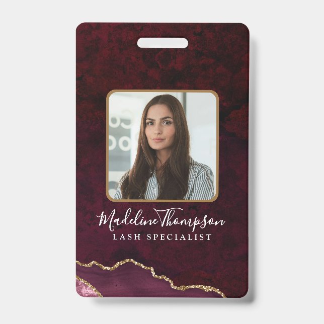 Burgundy Gold Agate Marble Business Company ID Badge (Front)