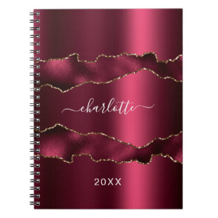 Burgundy gold agate marble name script notebook
