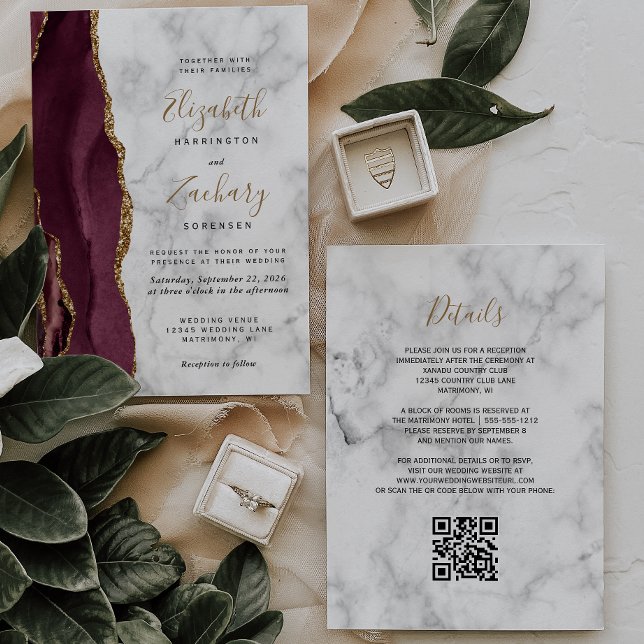 Burgundy Gold Agate Marble QR Code Wedding Invitation (Creator Uploaded)