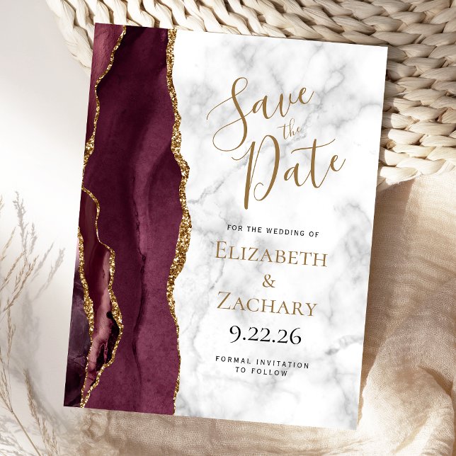 Burgundy Gold Agate Marble Save the Date Announcement Postcard (Creator Uploaded)