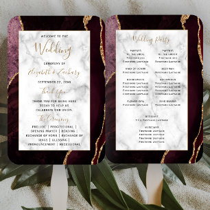 Burgundy Gold Agate Marble Wedding Program Hand Fan