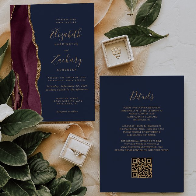 Burgundy Gold Agate Navy Blue QR Code Wedding Invitation (Creator Uploaded)