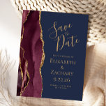 Burgundy Gold Agate Navy Blue Save the Date Announcement Postcard<br><div class="desc">This elegant modern save the date postcard features a burgundy watercolor agate border trimmed with faux gold glitter. Easily customise the gold-coloured text on a navy blue background. The reverse side repeats the information,  along with a customisable return address.</div>