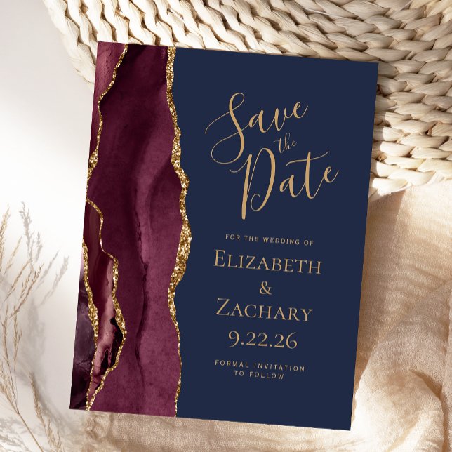 Burgundy Gold Agate Navy Blue Save the Date Announcement Postcard (Creator Uploaded)