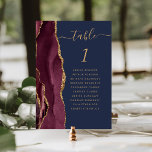 Burgundy Gold Agate Navy Blue Wedding Table Number<br><div class="desc">The left-hand edge of this elegant modern wedding table number card features a burgundy red watercolor agate border trimmed with faux gold glitter. The word "table" appears in gold-coloured handwriting script on a navy blue background. Add the names of your guests who are assigned to each table.</div>