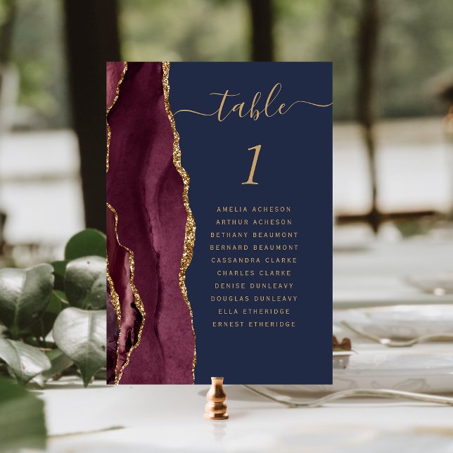 Burgundy Gold Agate Navy Blue Wedding Table Number (Creator Uploaded)