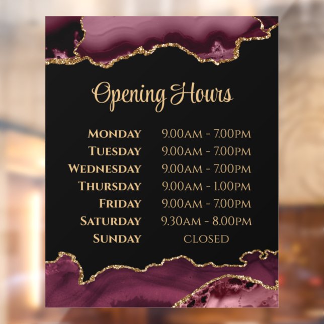 Burgundy Gold Agate Opening Hours Window Cling (Sheet 2)