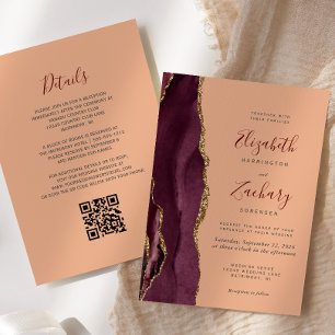 Burgundy Gold Agate Peach QR Code Wedding Invitation