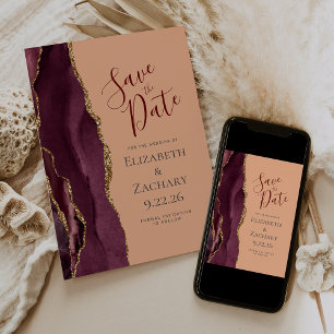 Burgundy Gold Agate Peach Save the Date Announcement