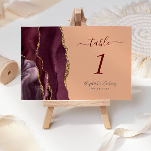 Burgundy Gold Agate Peach Wedding Table Number