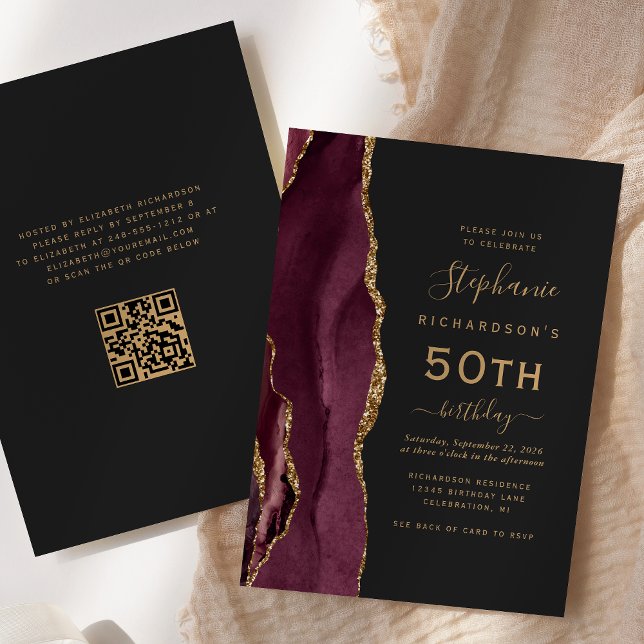 Burgundy Gold Agate QR Code 50th Birthday Invitation (Creator Uploaded)