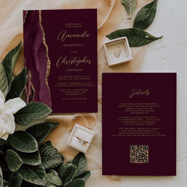 Burgundy Gold Agate QR Code Wedding Invitation (Creator Uploaded)