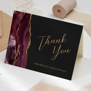 Burgundy Gold Agate Script Dark Wedding Thank You Card