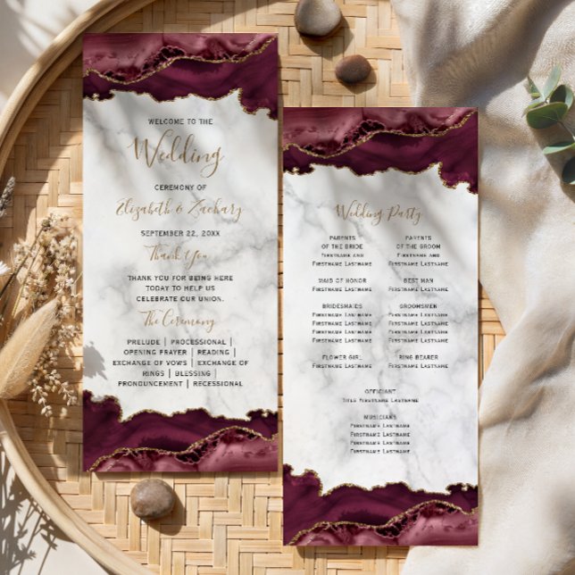 Burgundy Gold Agate Script Marble Wedding Program (Creator Uploaded)