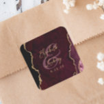 Burgundy Gold Agate Script Wedding Square Sticker<br><div class="desc">This elegant modern wedding sticker features a burgundy watercolor agate geode design trimmed with faux gold glitter. Easily customise the gold-coloured text,  with the names of the bride and groom in handwriting calligraphy over a large ampersand and the wedding date below.</div>