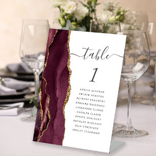 Burgundy Gold Agate Script Wedding Table Number Pedestal Sign