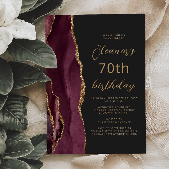 Burgundy Gold Agate Slate Script 70th Birthday Invitation (Creator Uploaded)