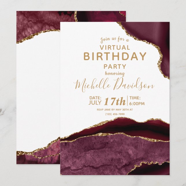 Burgundy & Gold Agate Virtual Birthday  Invitation (Front/Back)