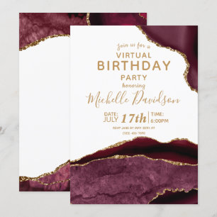 Burgundy & Gold Agate Virtual Birthday  Invitation