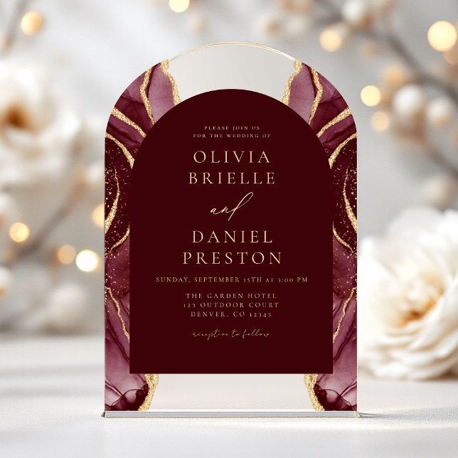 Burgundy Gold Agate Wedding Elegant Modern Acrylic Invitations (Creator Uploaded)