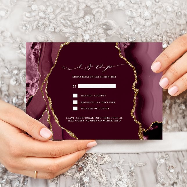 Burgundy & Gold Agate Wedding RSVP Invitation (Creator Uploaded)