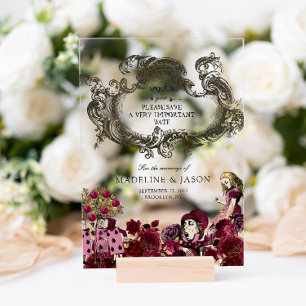 Burgundy Gold Alice in Wonderland Wedding Acrylic Invitations