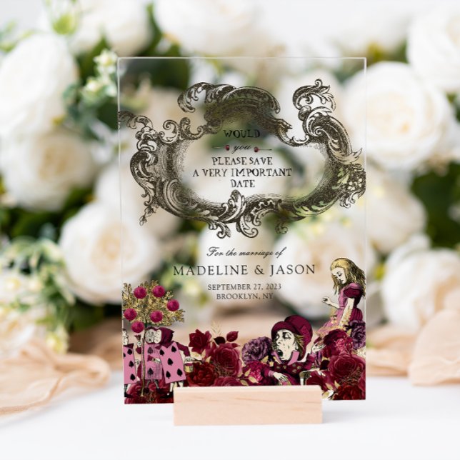 Burgundy Gold Alice in Wonderland Wedding Acrylic Invitations (Creator Uploaded)