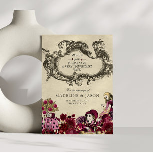 Burgundy Gold Alice in Wonderland Wedding Save The Date