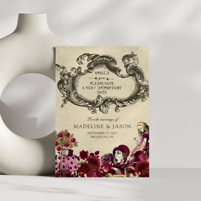 Burgundy Gold Alice in Wonderland Wedding Save The Date (Creator Uploaded)