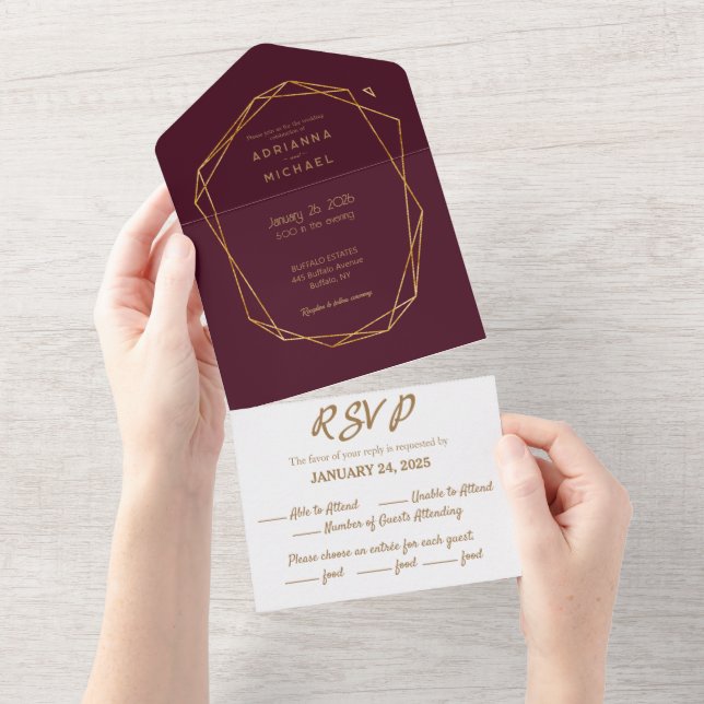 Burgundy & Gold All in One Wedding Invitation (Tearaway)