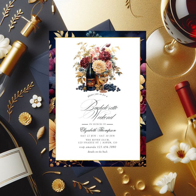 Burgundy, Gold and Navy Wine Bachelorette Weekend Invitation (Burgundy, Gold and Navy Wine Bachelorette Weekend Invitation)