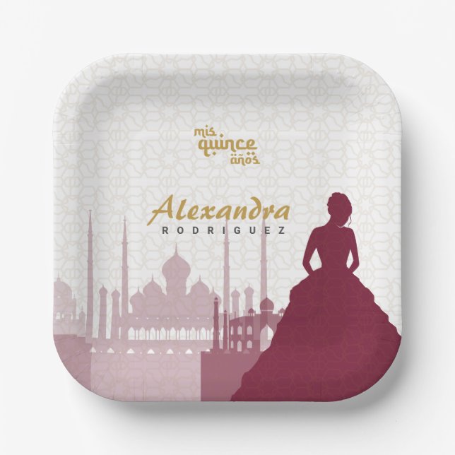 Burgundy & Gold Arabian Quinceañera Paper Plates (Front)