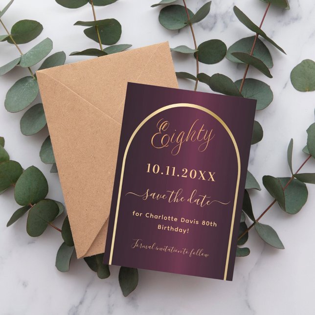 Burgundy gold arch 80th birthday save the date (Creator Uploaded)