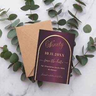 Burgundy gold arch 90th birthday save the date
