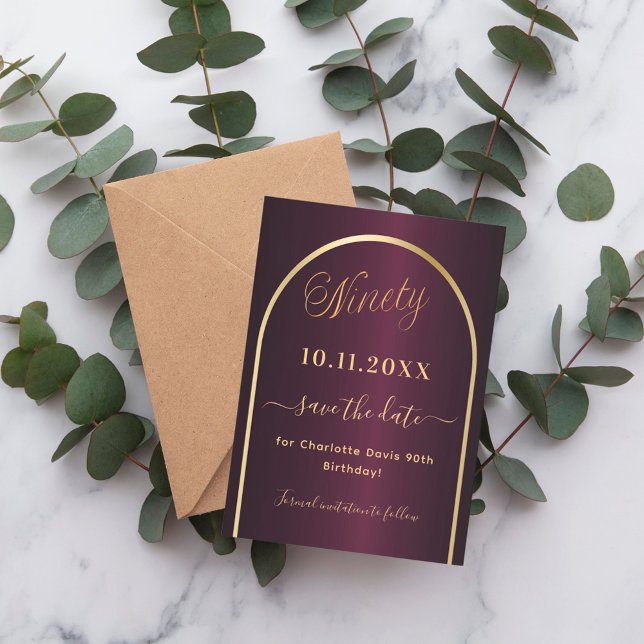 Burgundy gold arch 90th birthday save the date (Creator Uploaded)