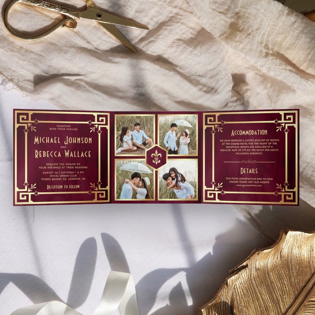 Burgundy Gold Art Deco Photo Collage Wedding Tri-Fold Invitation (Creator Uploaded)