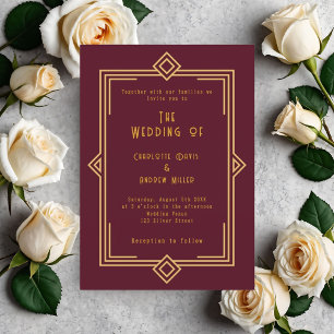 Burgundy gold art deco style wedding invitation