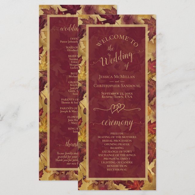 Burgundy & Gold Autumn Leaves Elegant Wedding Program (Front/Back)