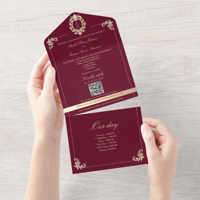 Burgundy Gold Baroque All-in-One Wedding Invite (Tearaway)