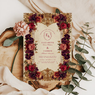Burgundy & Gold Baroque Floral Wedding Invitation