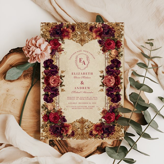 Burgundy & Gold Baroque Floral Wedding Invitation (Creator Uploaded)