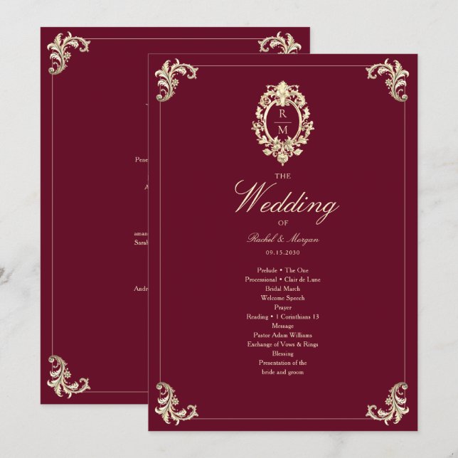 Burgundy Gold Baroque Wedding Ceremony Program (Front/Back)