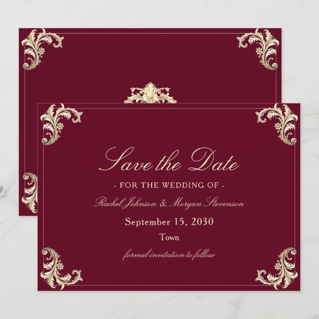 Burgundy Gold Baroque Wedding Save The Date (Front/Back)
