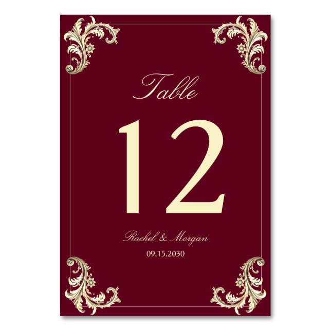 Burgundy Gold Baroque Wedding Table Number (Front)